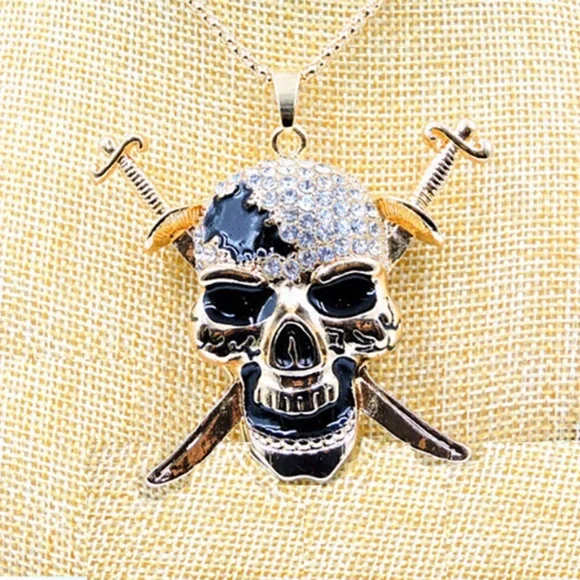 Enamel Crystal Skull Head With Daggers, Nuts, Bolts Chain Necklace- Halloween - Picture 3 of 7